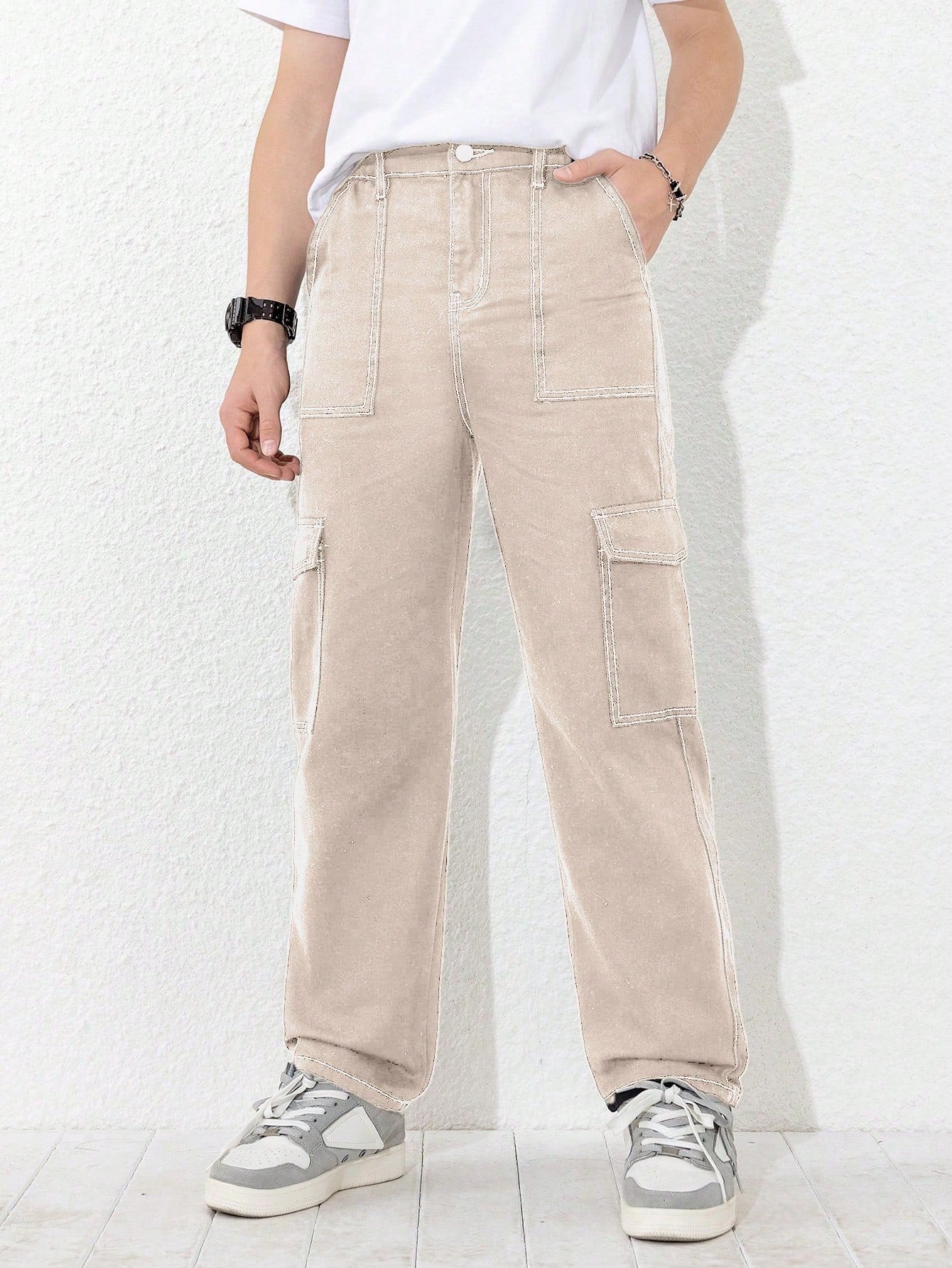 Teen Boys' New Arrivals Casual & Fashionable Contrast Stitching Decorated Cargo Jeans