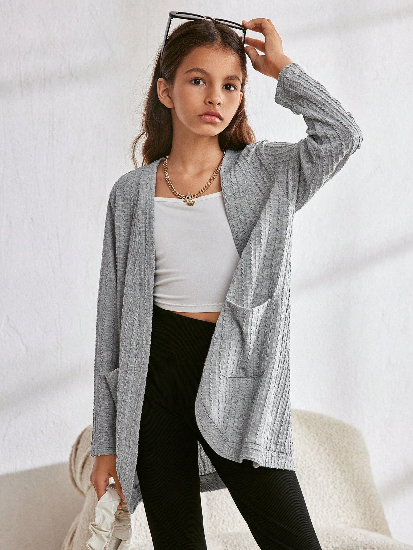 Tween Girl Loose Casual Textured Floral Gray Knit Cardigan Jacket