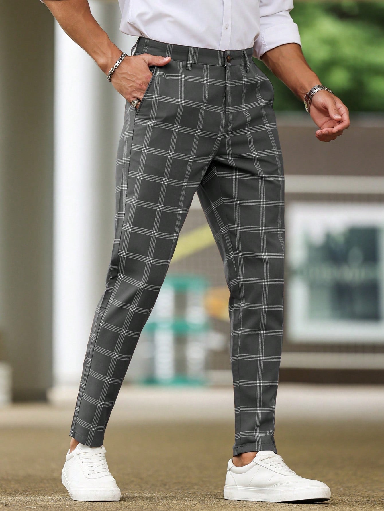 Men Plaid Slant Pocket Suit Pants