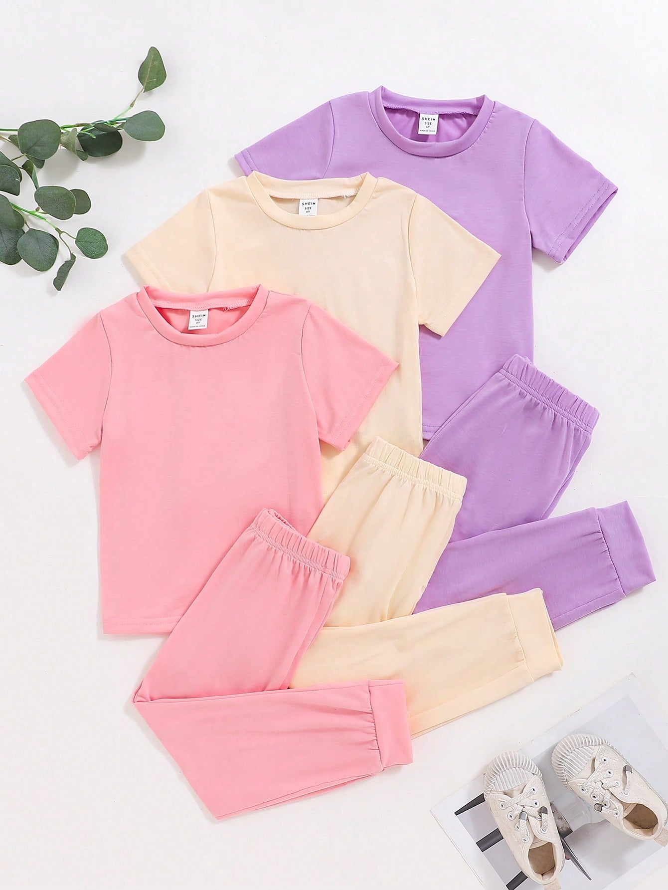 Kids 6pcs Young Girls' Casual Comfortable Multicolor Short Sleeve T-Shirt And Sports Pants Set