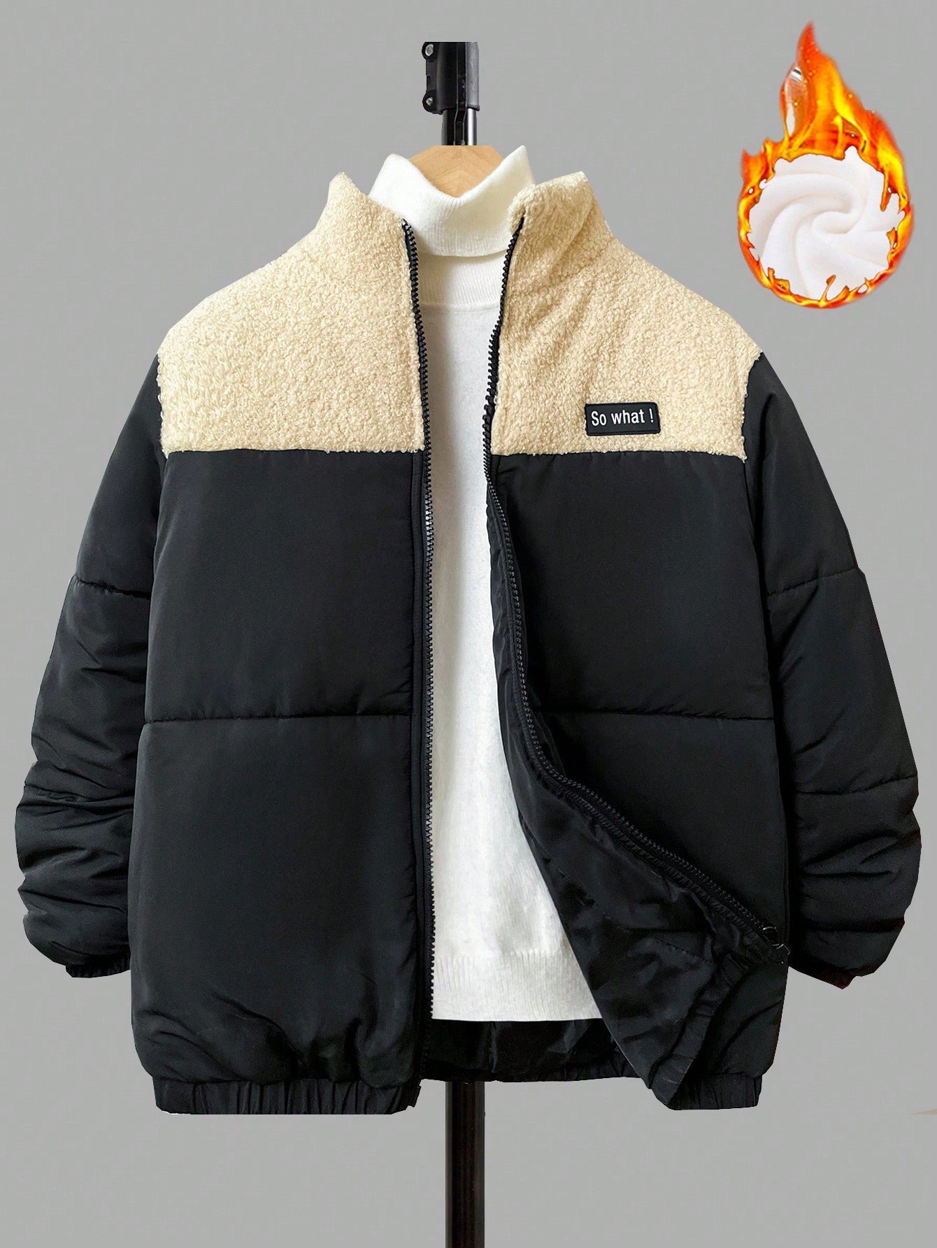 Tween Boys Casual Fleece Padded Coat With Plush Collar, Zipper Front And Long Sleeve, Thick And Warm Woven Padded Coat