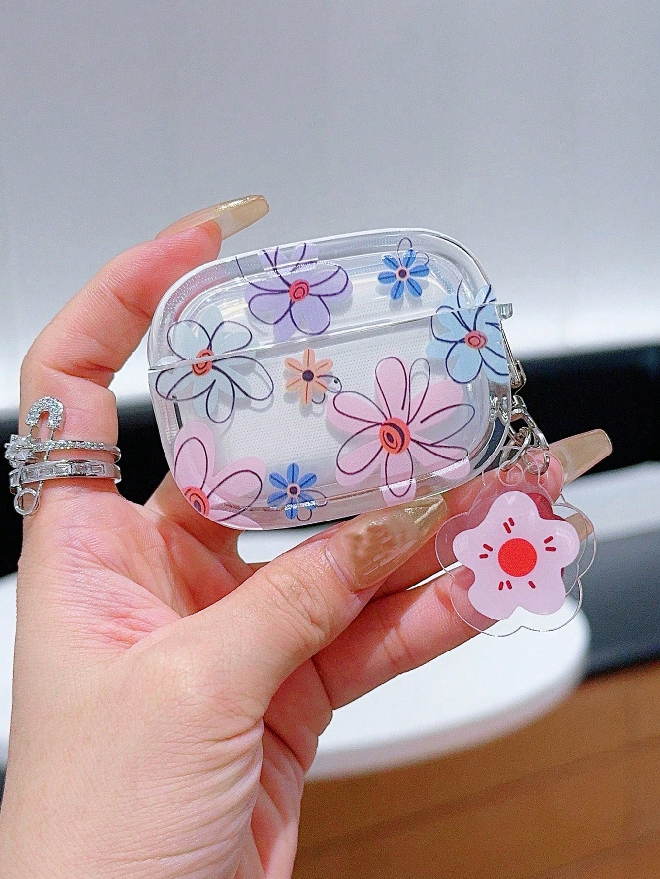 Pink Summer Transparent Cherry Blossom Protective Case Compatible With Airpods Pro 3 / Airpods Pro 2 / Airpods 3, With Floral Pendant For Girls