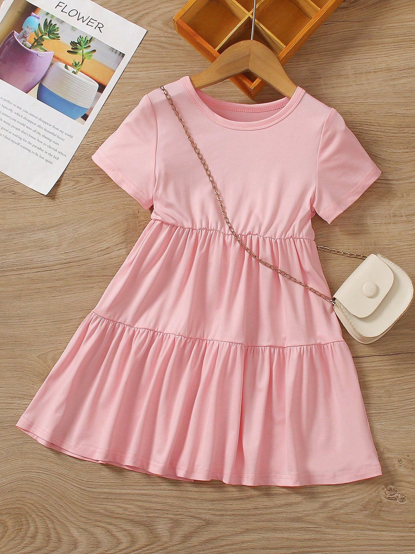 Young Girl Round Neck Solid Color Ruffle Hem Summer Casual Dress, Fashionable And Comfortable For Spring And Summer Wear