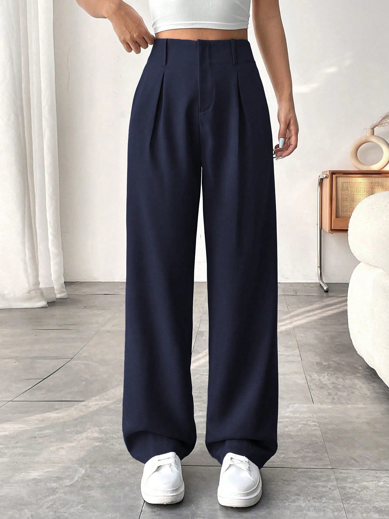 Women Solid Color Wide-Leg Pants With Pockets