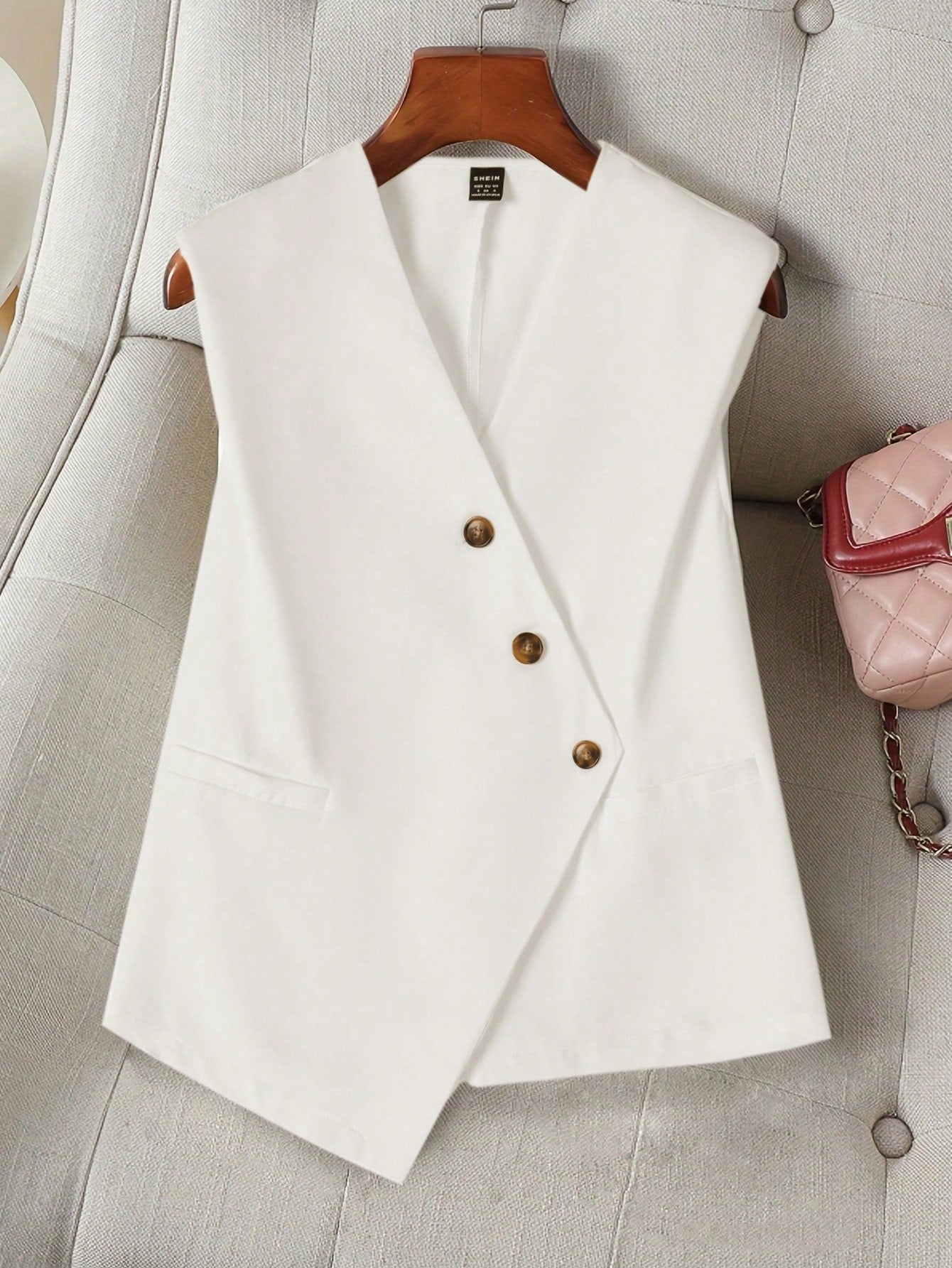 Women's Casual Old Money Style White Cream Sleeveless Work Single-Breasted V-Neck Button Front Vest Blazer Teacher Clothes Business Women Clothes Work Women Blouses Fall Women Clothes