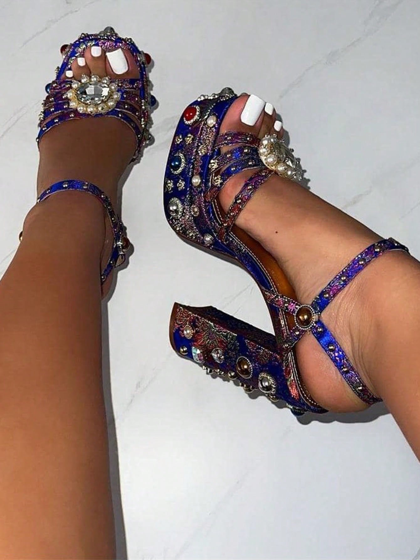 Womens Ankle Strap Heeled Sandals Rhinestones Diamonds Platform Chunky Block High Heels Buckle Up Fashion Dress Pumps For Women