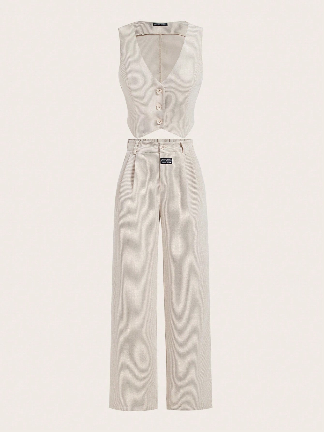 Women's Summer Corduroy Solid Color Single-Breasted Suit Vest And Loose Long Pants Set