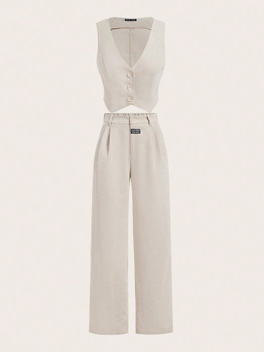 Women's Summer Corduroy Solid Color Single-Breasted Suit Vest And Loose Long Pants Set