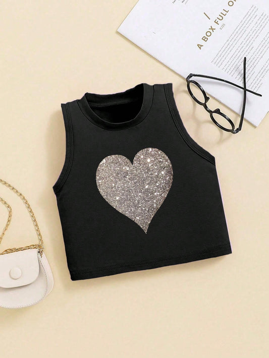 Young Girl Casual Heart Pattern Printed Gold Foil Detail Crop Top