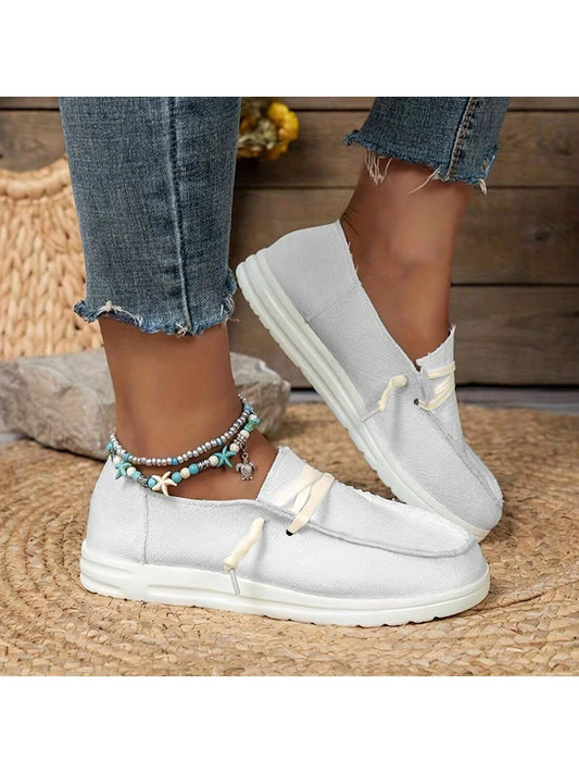 Women Canvas Lace-Up Flats Casual Slip-On Sneakers European Style Light Comfortable Slouchy Loafers