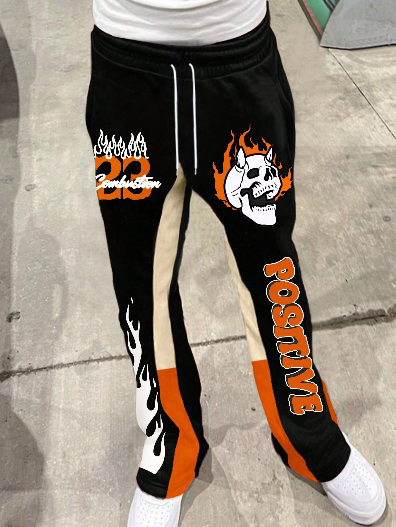 Black Streetwear Color Block Skull Flame Printed Drawstring Jogger Pants