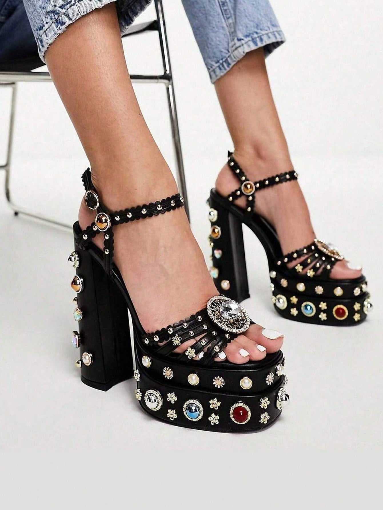 Womens Ankle Strap Heeled Sandals Rhinestones Diamonds Platform Chunky Block High Heels Buckle Up Fashion Dress Pumps For Women