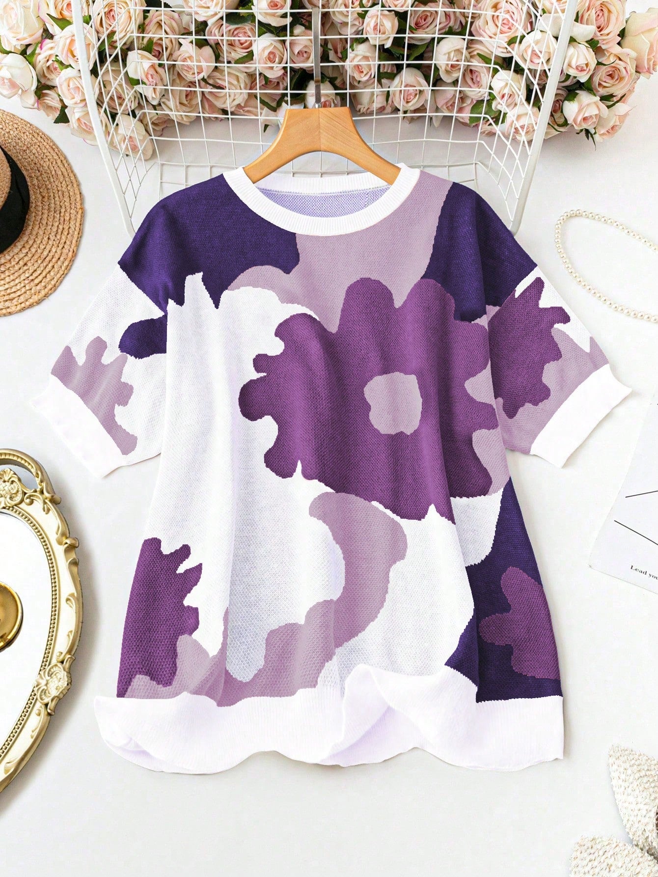 Plus Size Women's Colorful Printed Short Sleeve Knit Top For Daily Wear