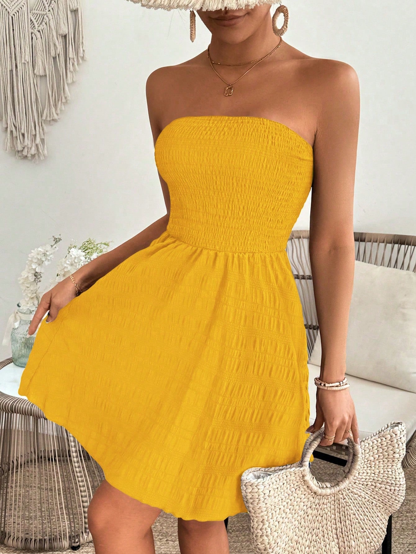 Solid Color Gathered & Cinched Strapless Dress