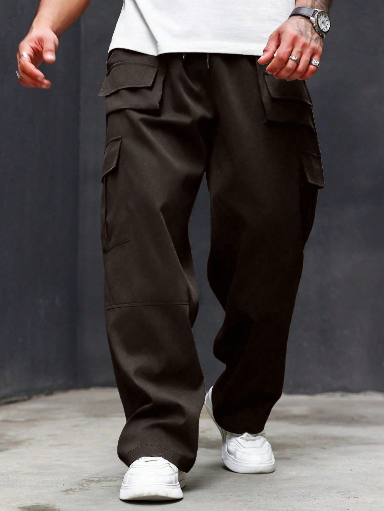 Men's Plus Size Solid Color Drawstring Cargo Pants With Pocket, Casual Style, Black Cargo Pants