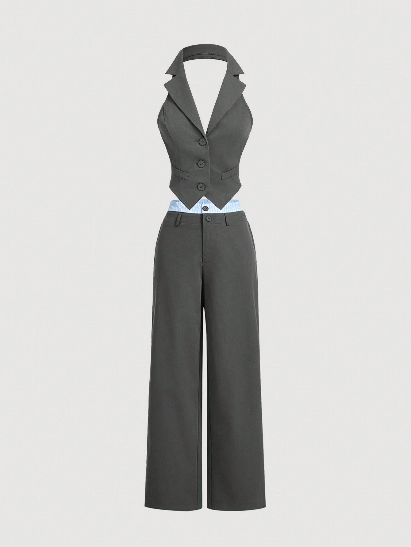 Button Front Halter Neck Backless Blazer Vest & Pants