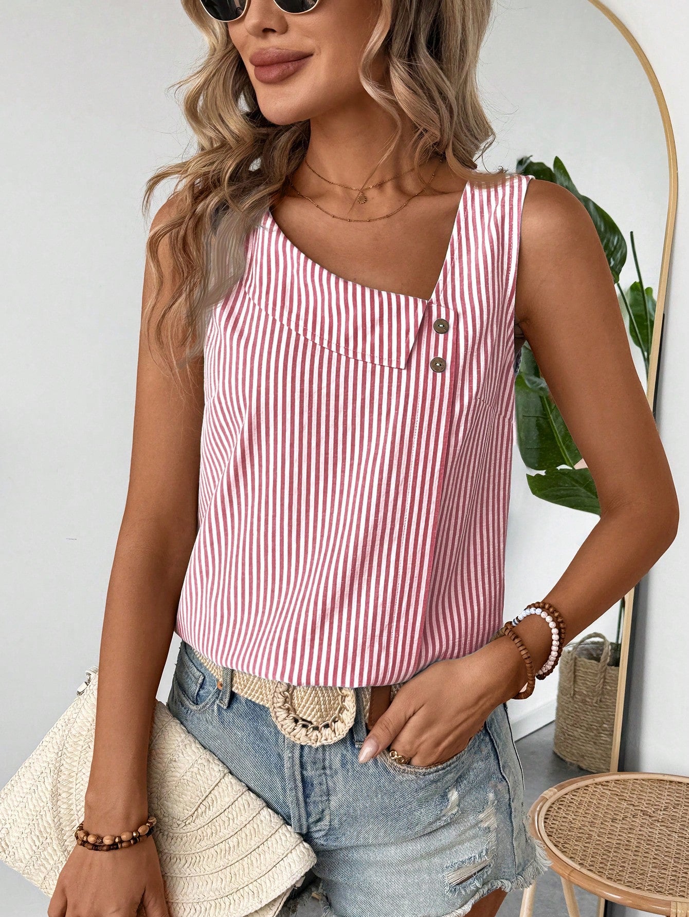 Women Asymmetrical Collar Button Decor Blue And White Striped Casual Vacation Sleeveless Shirt For Summer