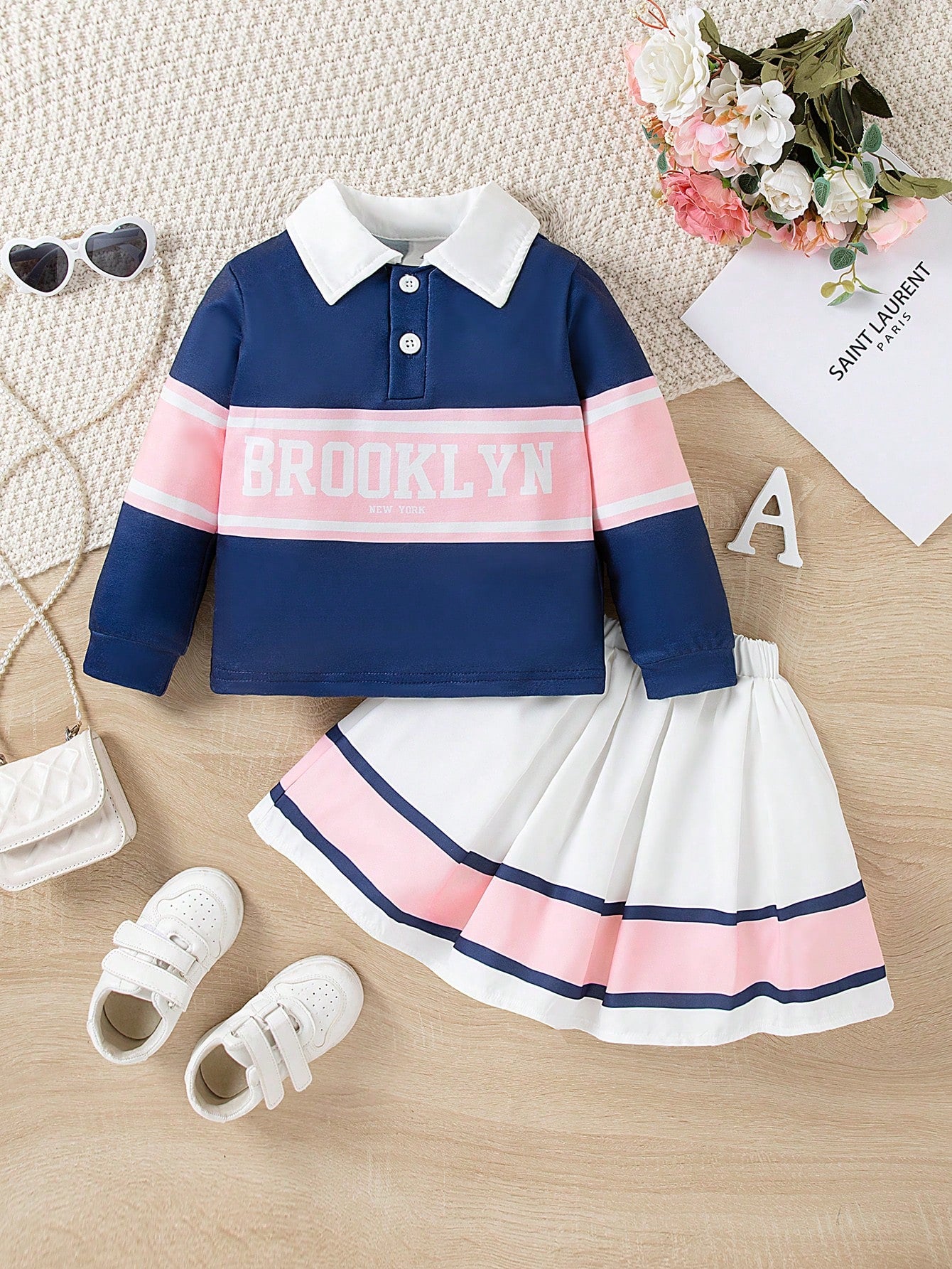 Young Girl 2024 New Summer Style, Long Sleeve Color-Block Polo Shirt With Printed Design, Pleated Skirt With Striped Design, American College Style Outfit