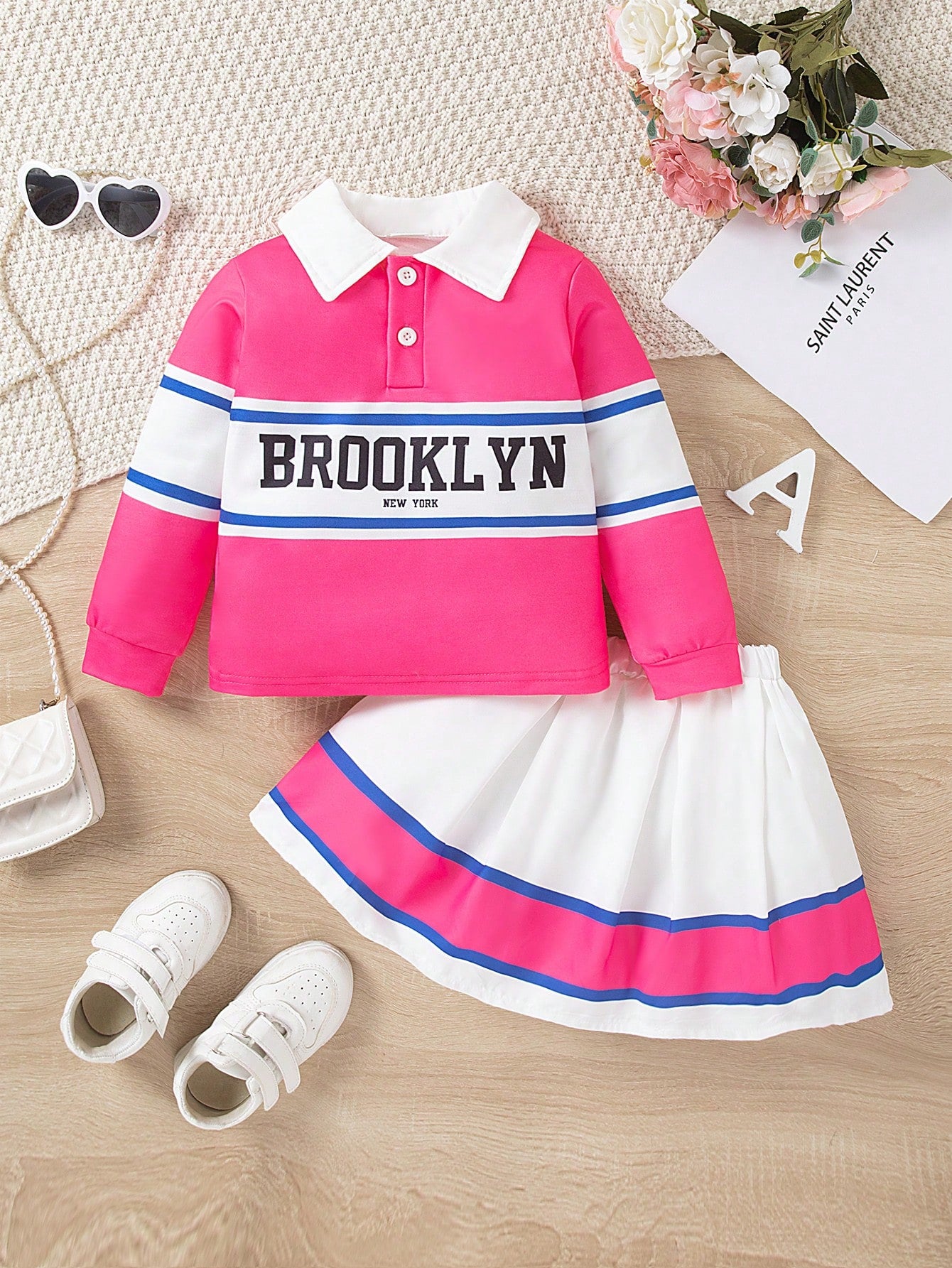 Young Girl 2024 New Summer Style, Long Sleeve Color-Block Polo Shirt With Printed Design, Pleated Skirt With Striped Design, American College Style Outfit