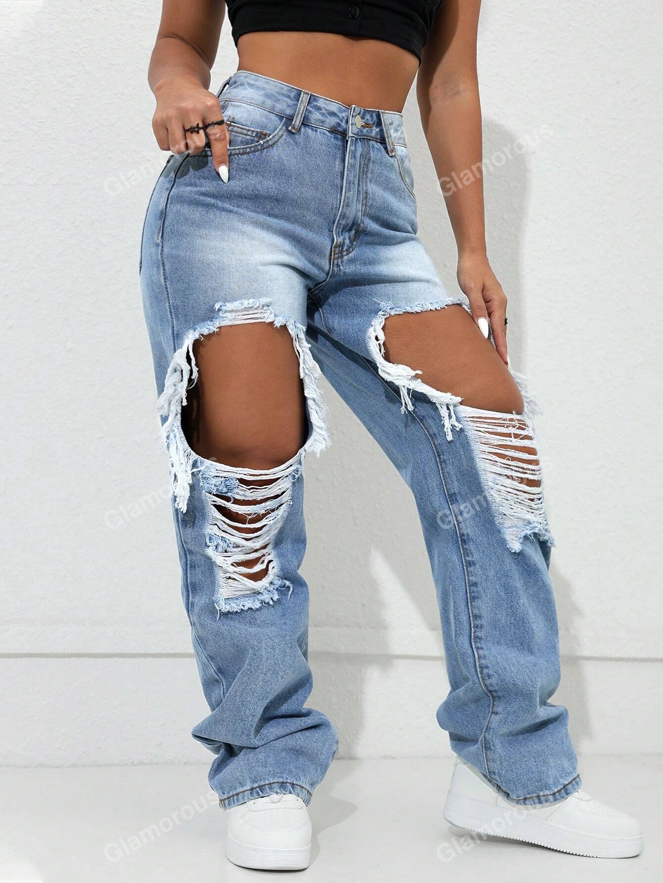 Street High Waist Slant Pocket Ripped Straight Leg Jeans