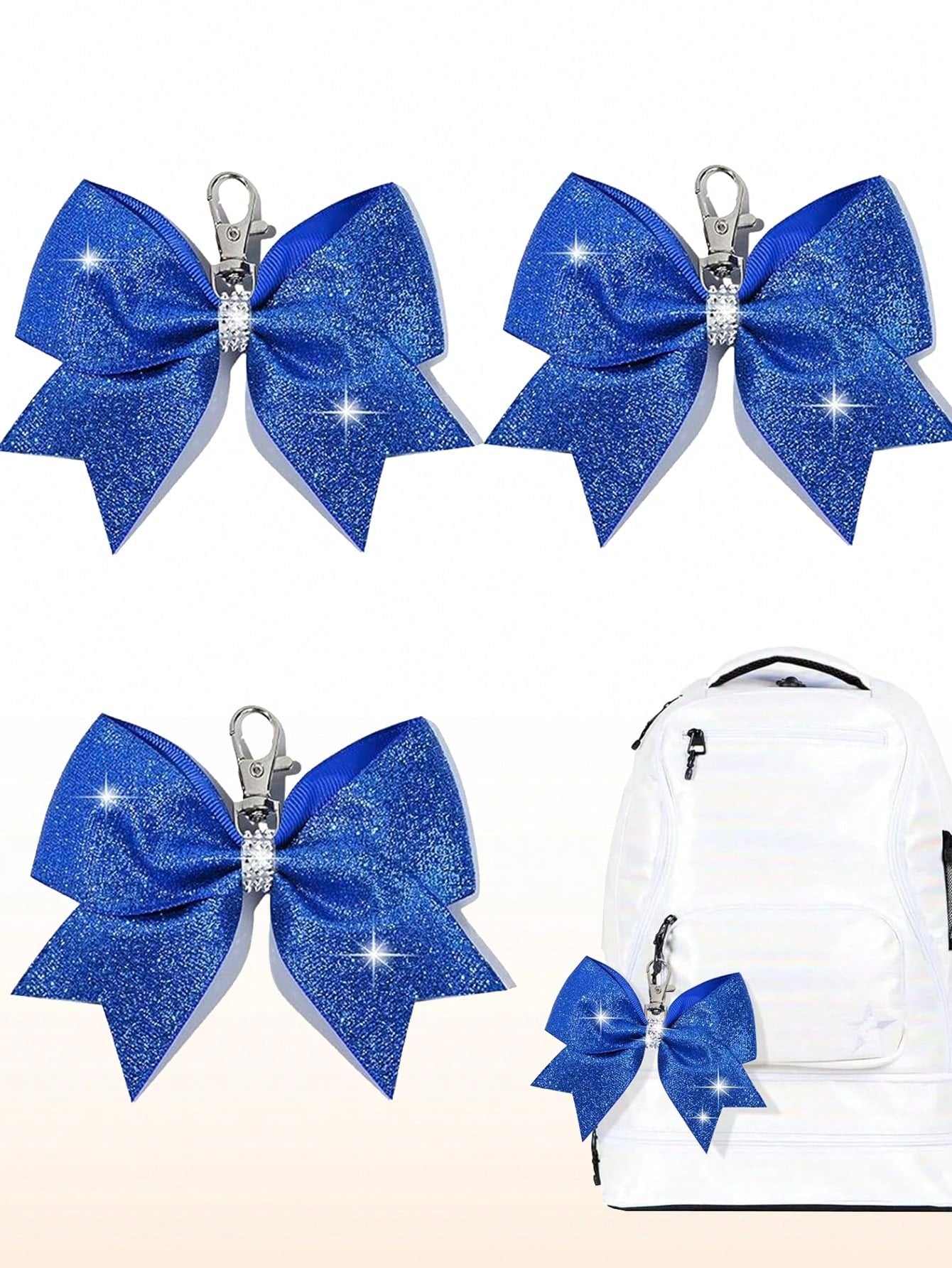 3PCS Cheer Bow Key Chain Glitter Blue Hair Bow For Girls Rhinestones Sequin Bow School Senior Cheer Bow Accessories For Teen Softball Football Cheerleader Sports