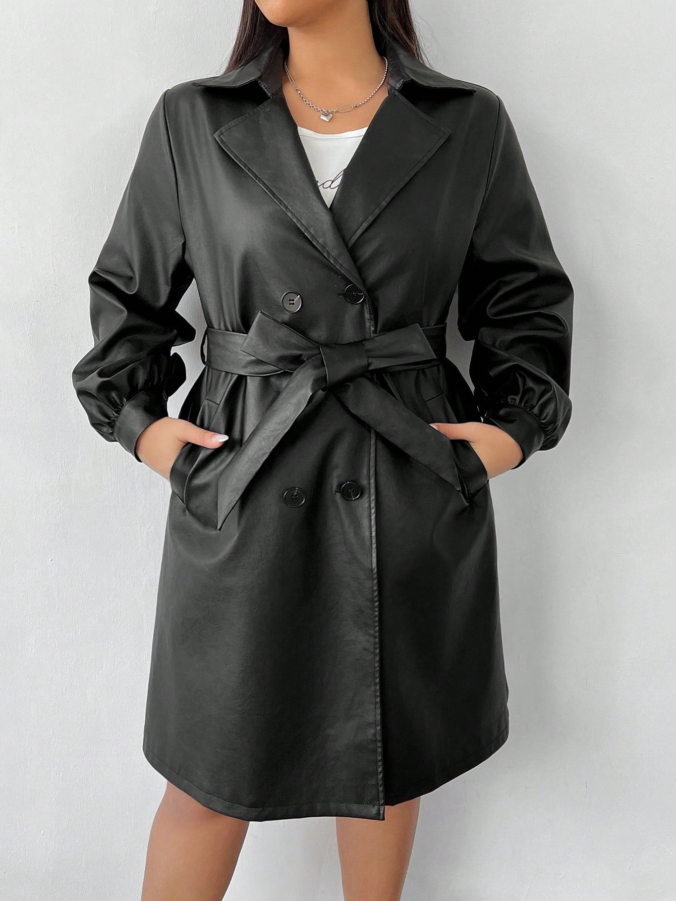 Plus Size Women Faux Leather Long Jacket Coat