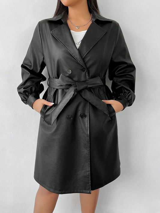 Plus Size Women Faux Leather Long Jacket Coat