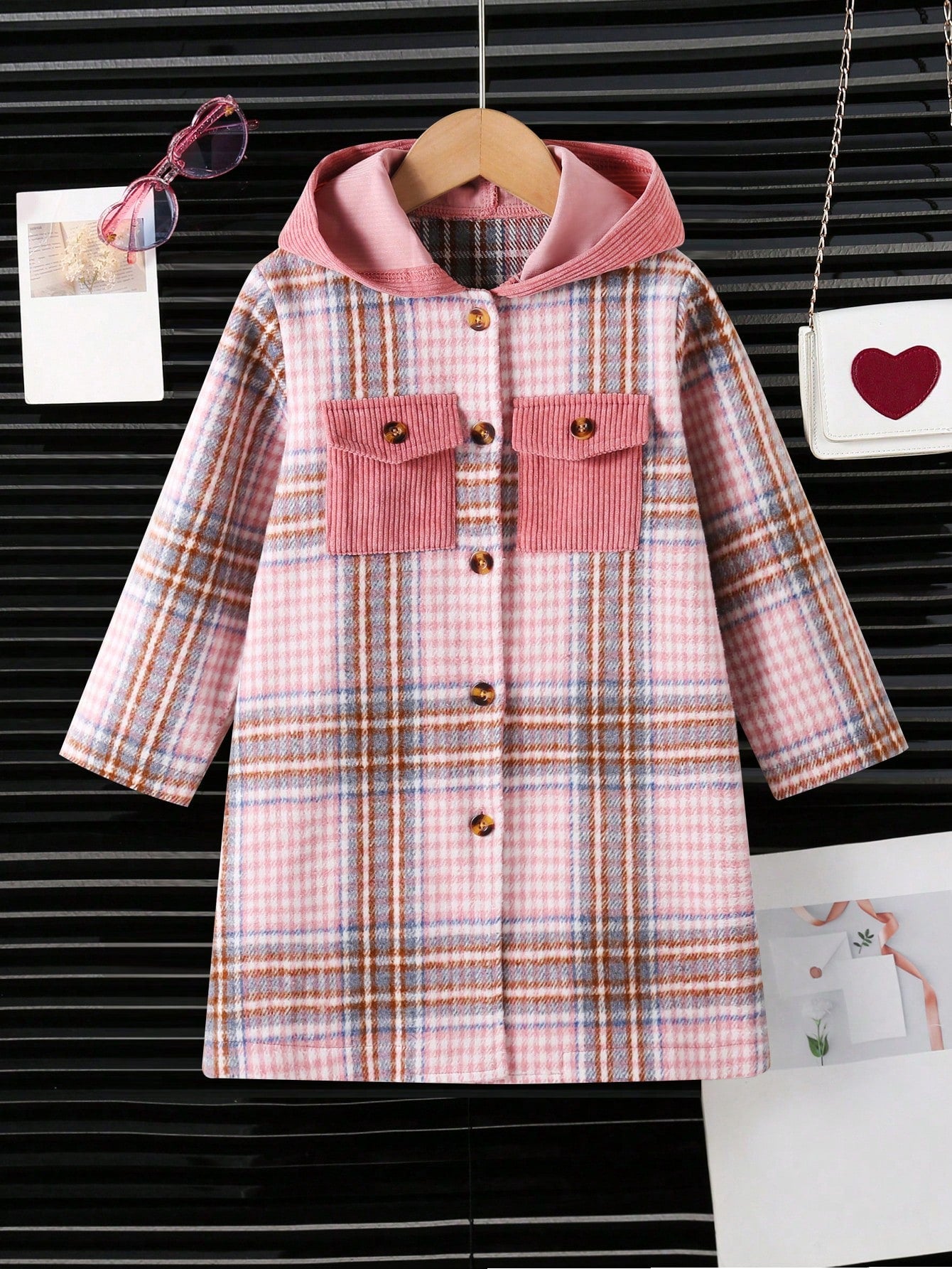 Streecool Kids Girls' Casual All-Match Fashionable Plaid Patchwork Fleece Hooded Long Coat, Suitable For Autumn, Winter, Outdoor, Indoor, Daily Wear, Sports, Street, School