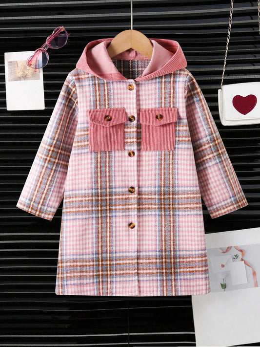 Streecool Kids Girls' Casual All-Match Fashionable Plaid Patchwork Fleece Hooded Long Coat, Suitable For Autumn, Winter, Outdoor, Indoor, Daily Wear, Sports, Street, School