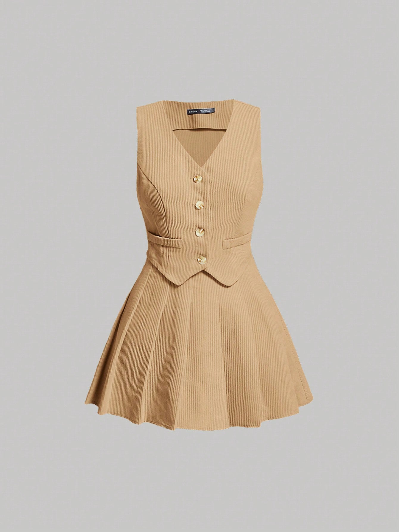 Button Front Vest Blazer & Pleated Skirt Without Shirt