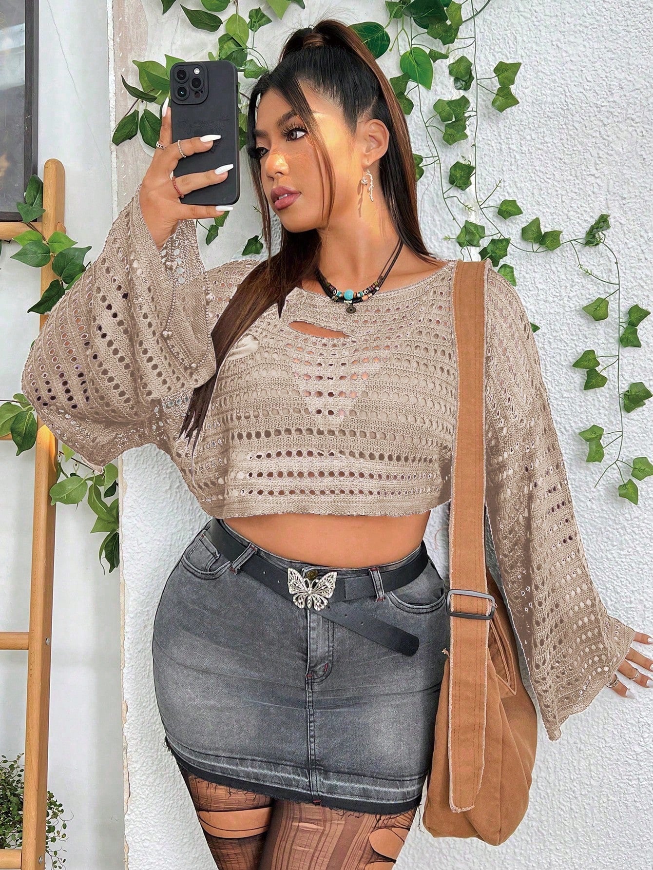 PUNK Plus Size Holiday Solid Color Hollow Out Knitted Cropped Sweater With Flared Sleeves