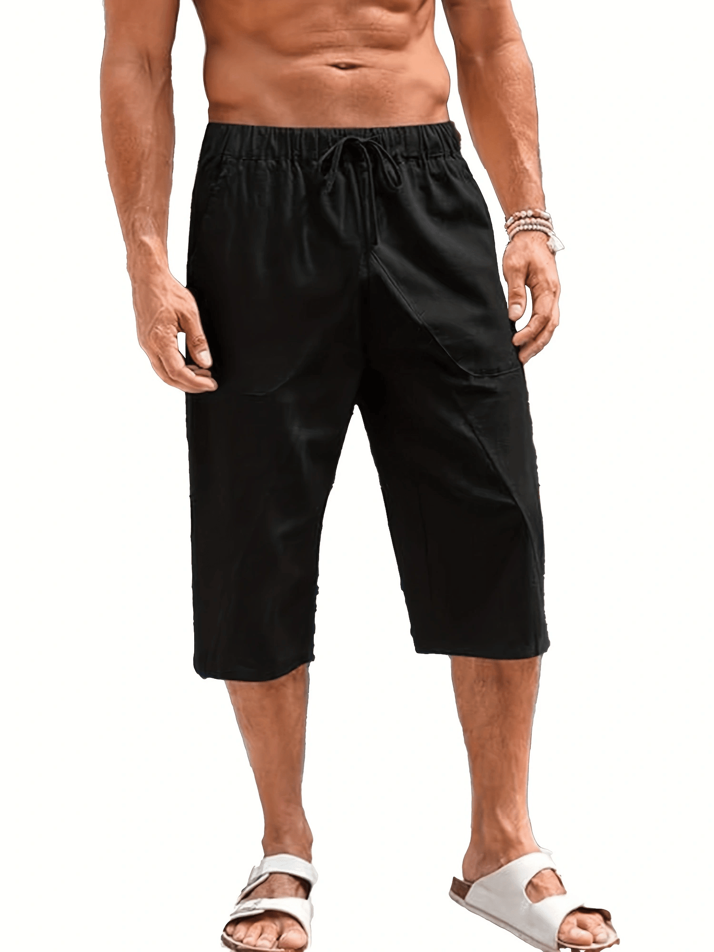 Men's Summer Thin Cotton Linen Cropped Pants Baggy Broad-Legged Men's Hip-Hop Sports Casual Shorts