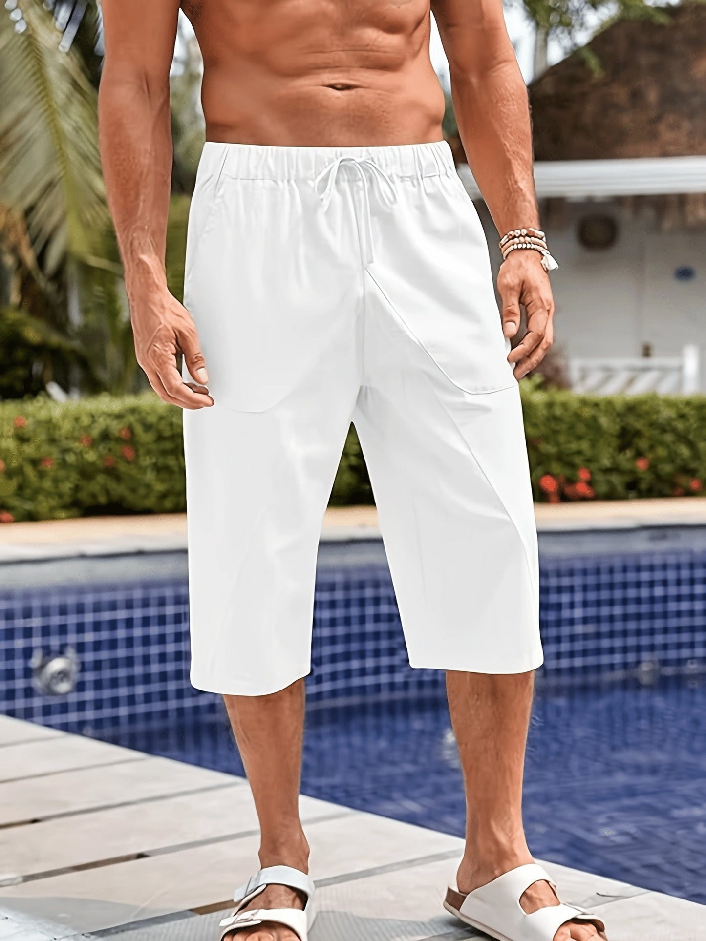 Men's Summer Thin Cotton Linen Cropped Pants Baggy Broad-Legged Men's Hip-Hop Sports Casual Shorts