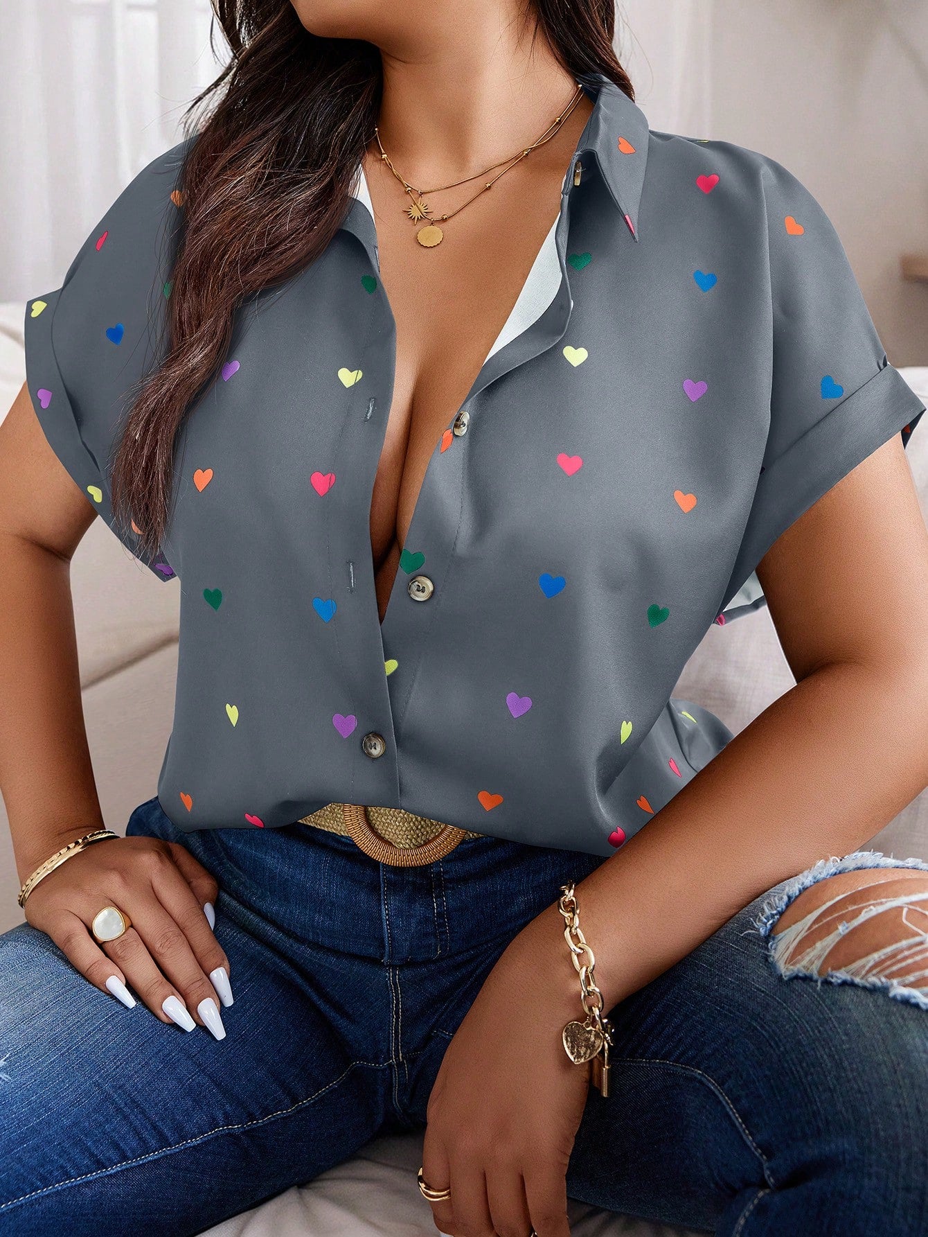 Plus Size Summer Casual Random Heart Print Button-Front Shirt