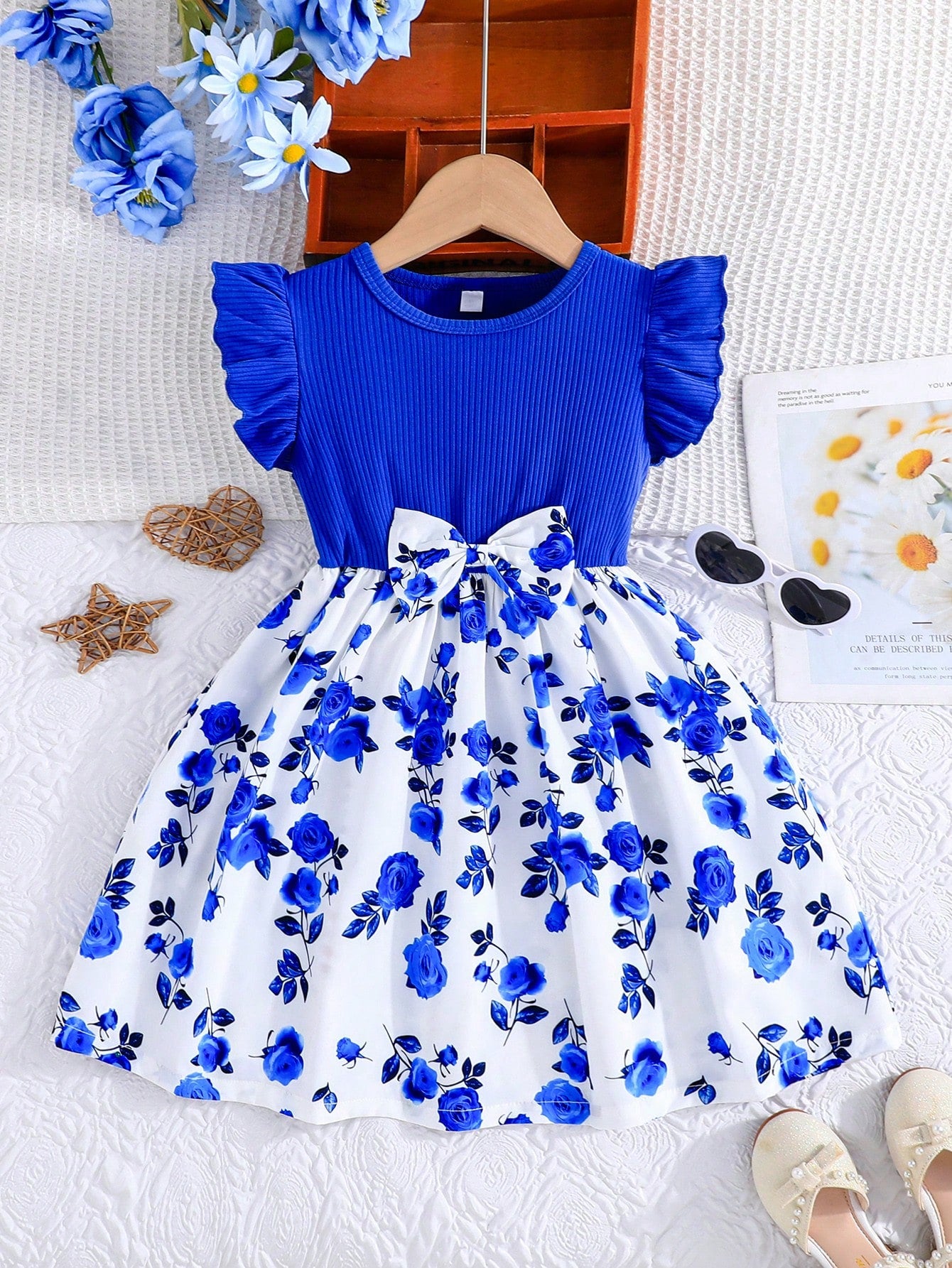 Young Girl Summer Casual Dress With Ruffled Sleeves, Bow And Rose Print