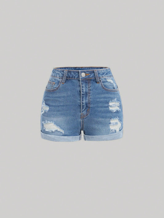 Teen Girls Casual Ripped Hem Denim Shorts, Summer