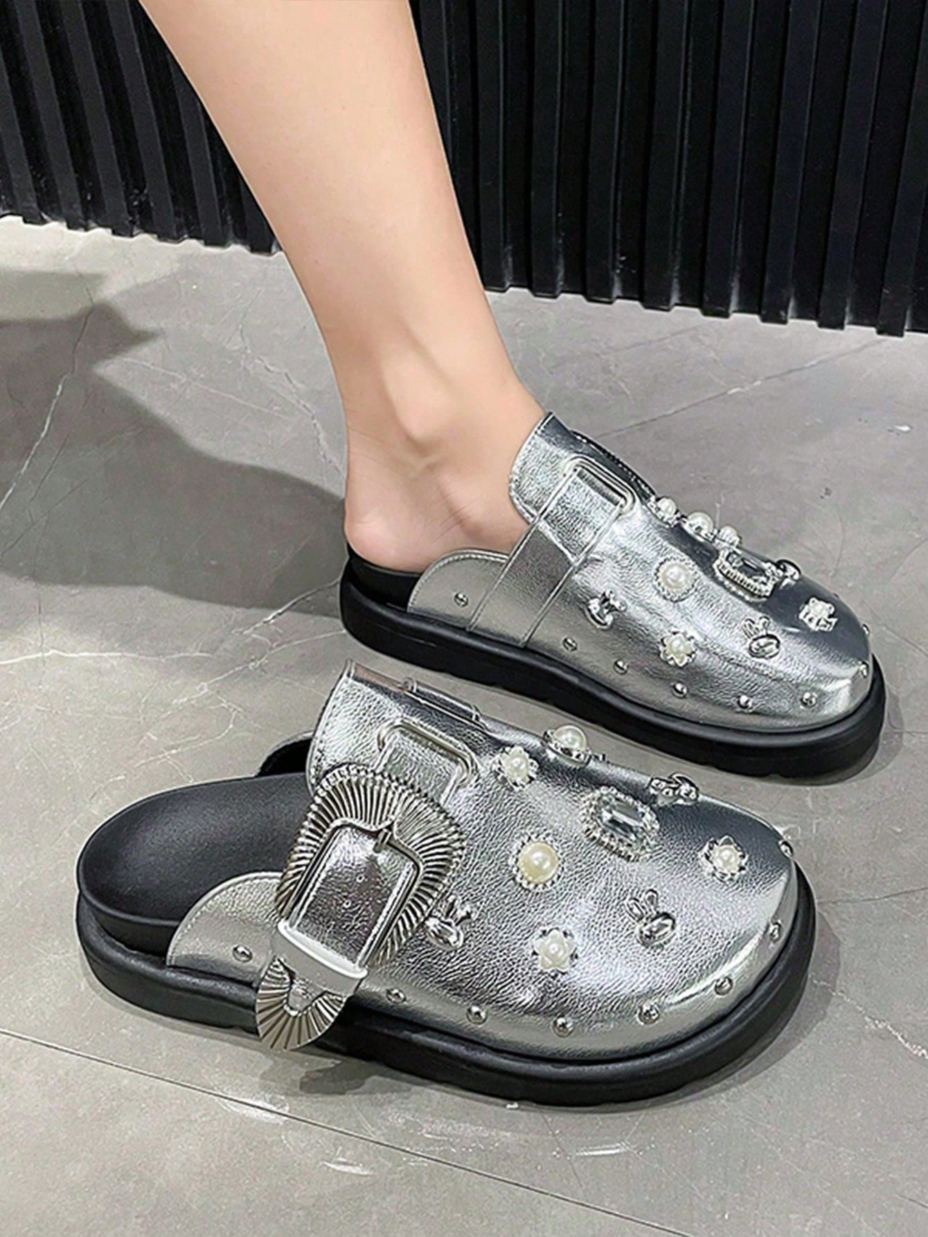 Women's Round Toe Slip-On Casual Shoes, Simple & Fashionable, Soft Sole Lightweight Comfortable Shoes For All Seasons, Rivet Embellished Platform Wedge Pumps In Silver