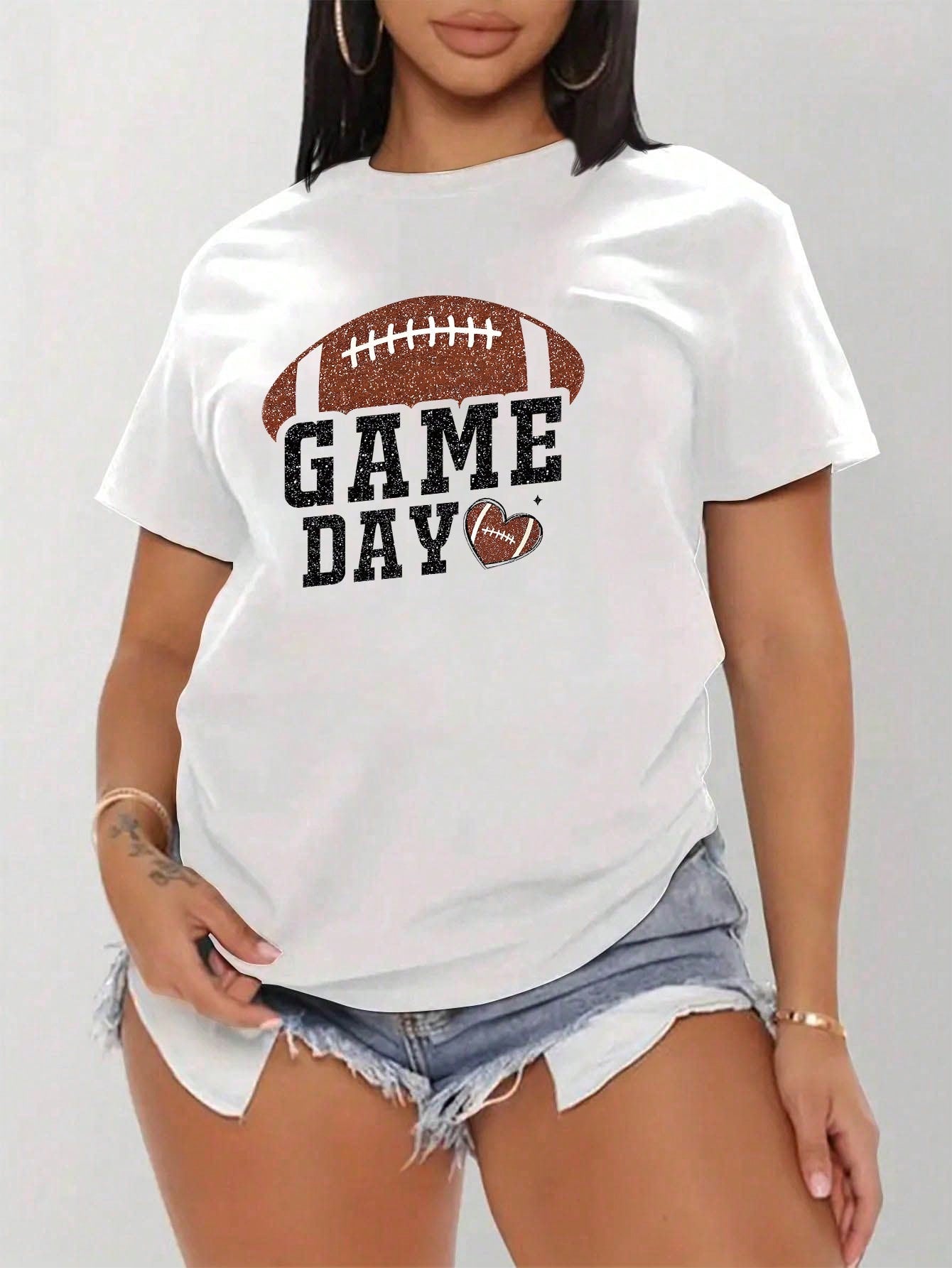 Women's Casual Football Game Day Graphic Print Round Neck T-Shirt