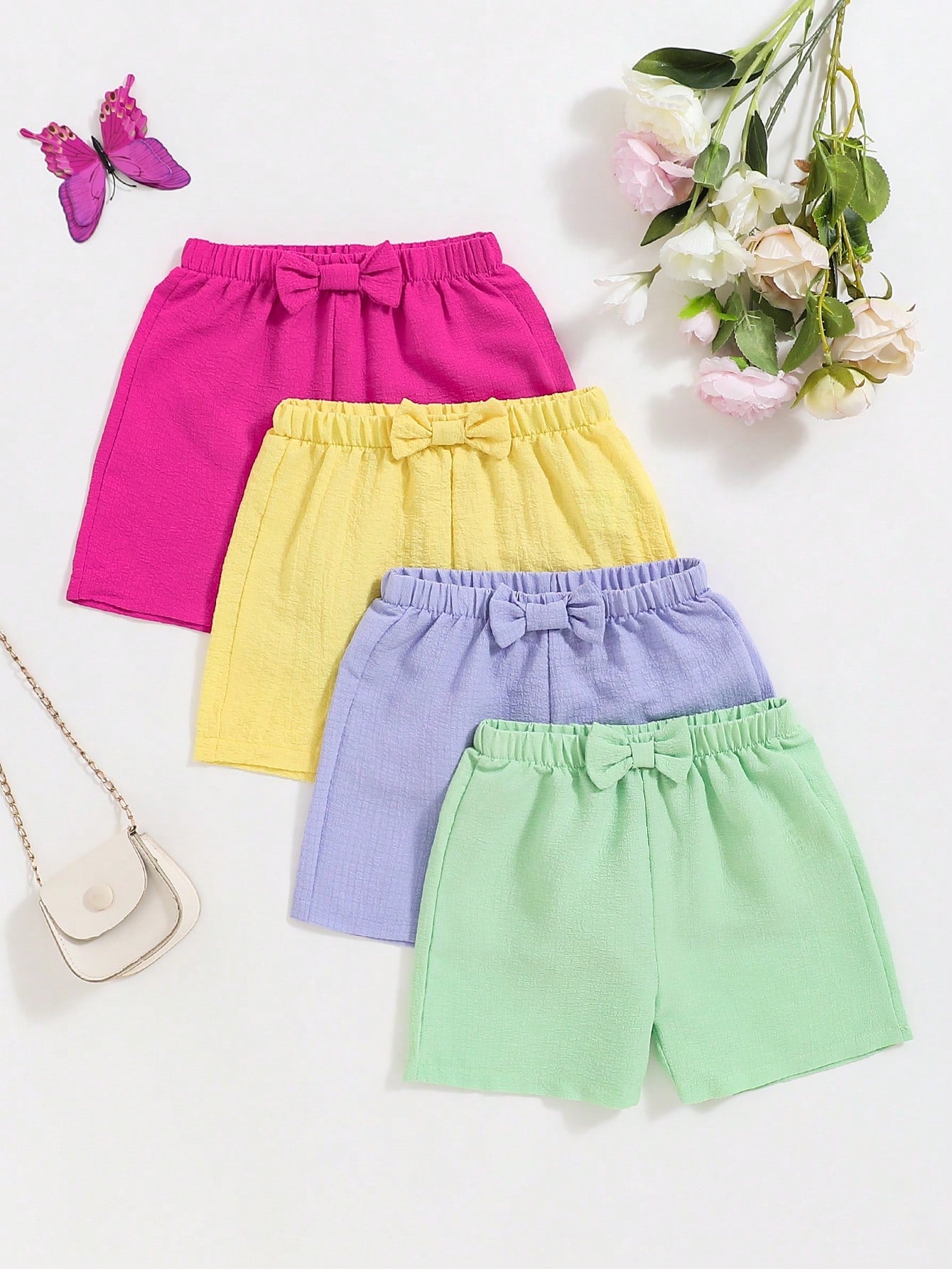 Young Girl 4pcs/Set Fashionable And Cute Bowknot Design Sports Shorts In Summer