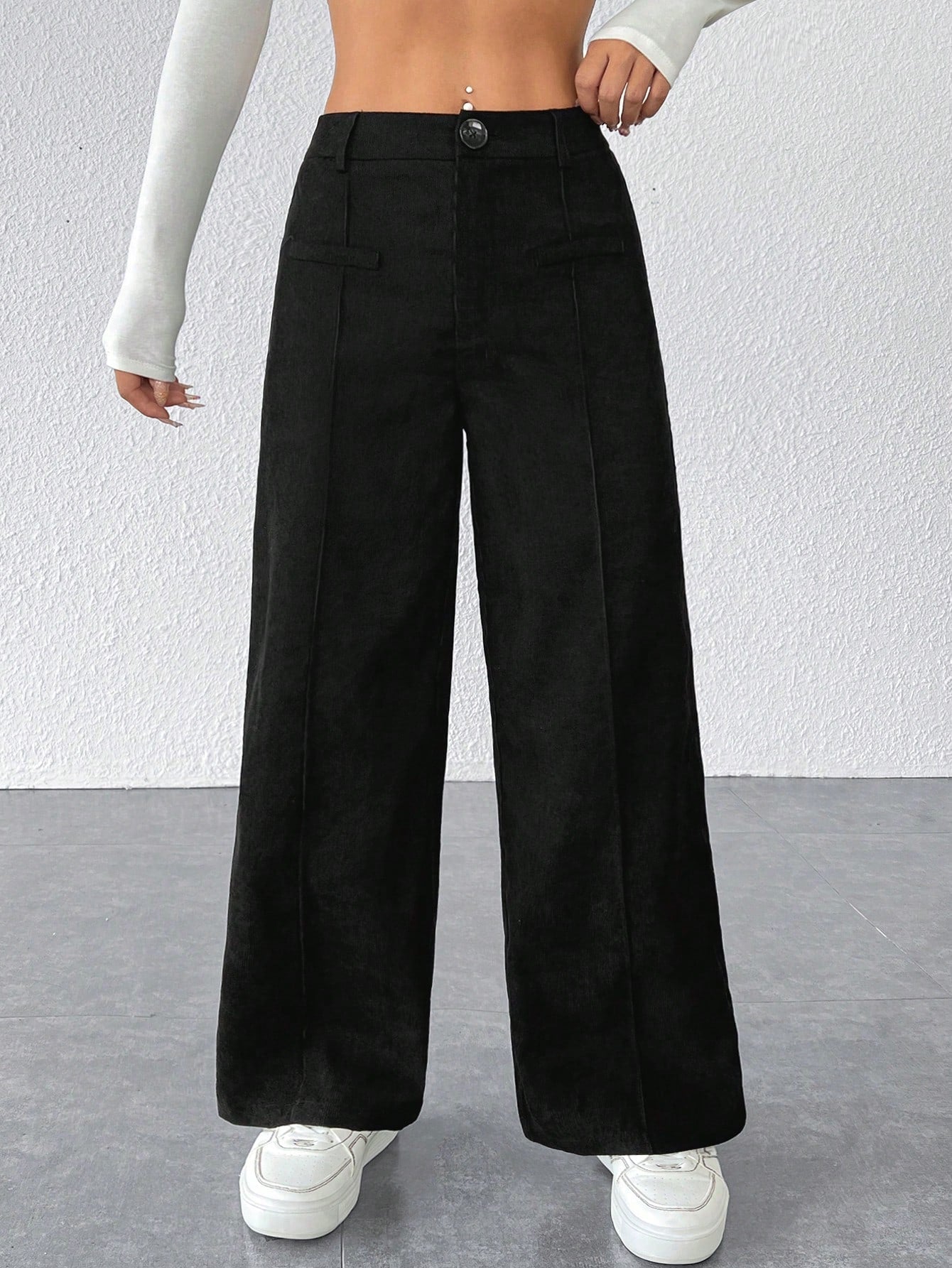 Seam Front Wide Leg Black Dress Pants