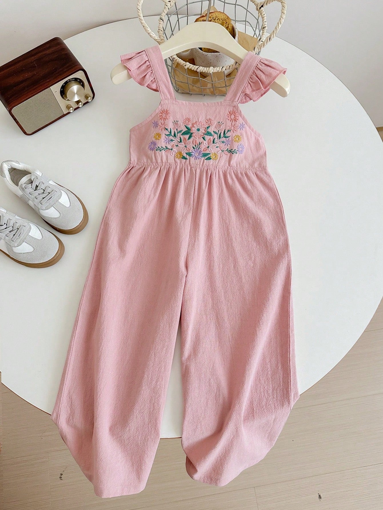 Young Girl Woven Solid Color Sleeveless Embroidered Loose Casual Strap Jumpsuit