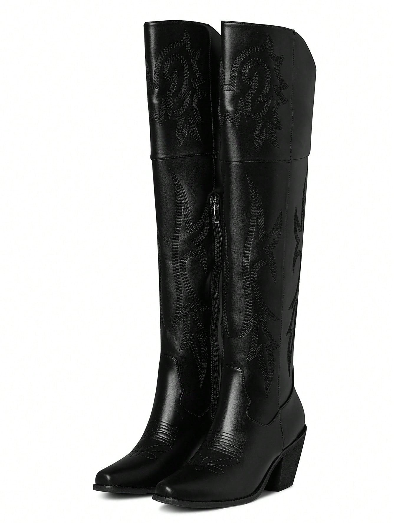 Over The Knee Boots For Women Pointed Toe Chunky Cork Heel Knee High Boots Vintage Embroidery Cowgirl Over The Knee Boots