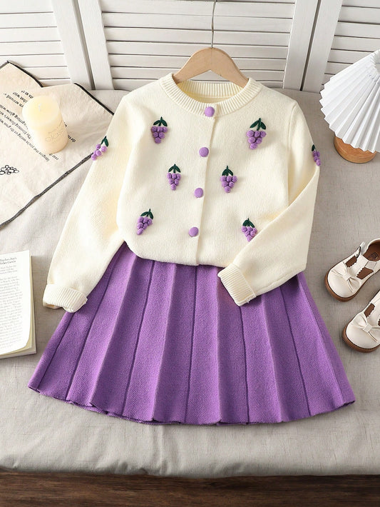 2pcs Girls Purple Casual & Elegant Knitted Sweater Set, Cardigan With Pleated Skirt, Comfortable & Warm For Daily, Party, Autumn & Winter