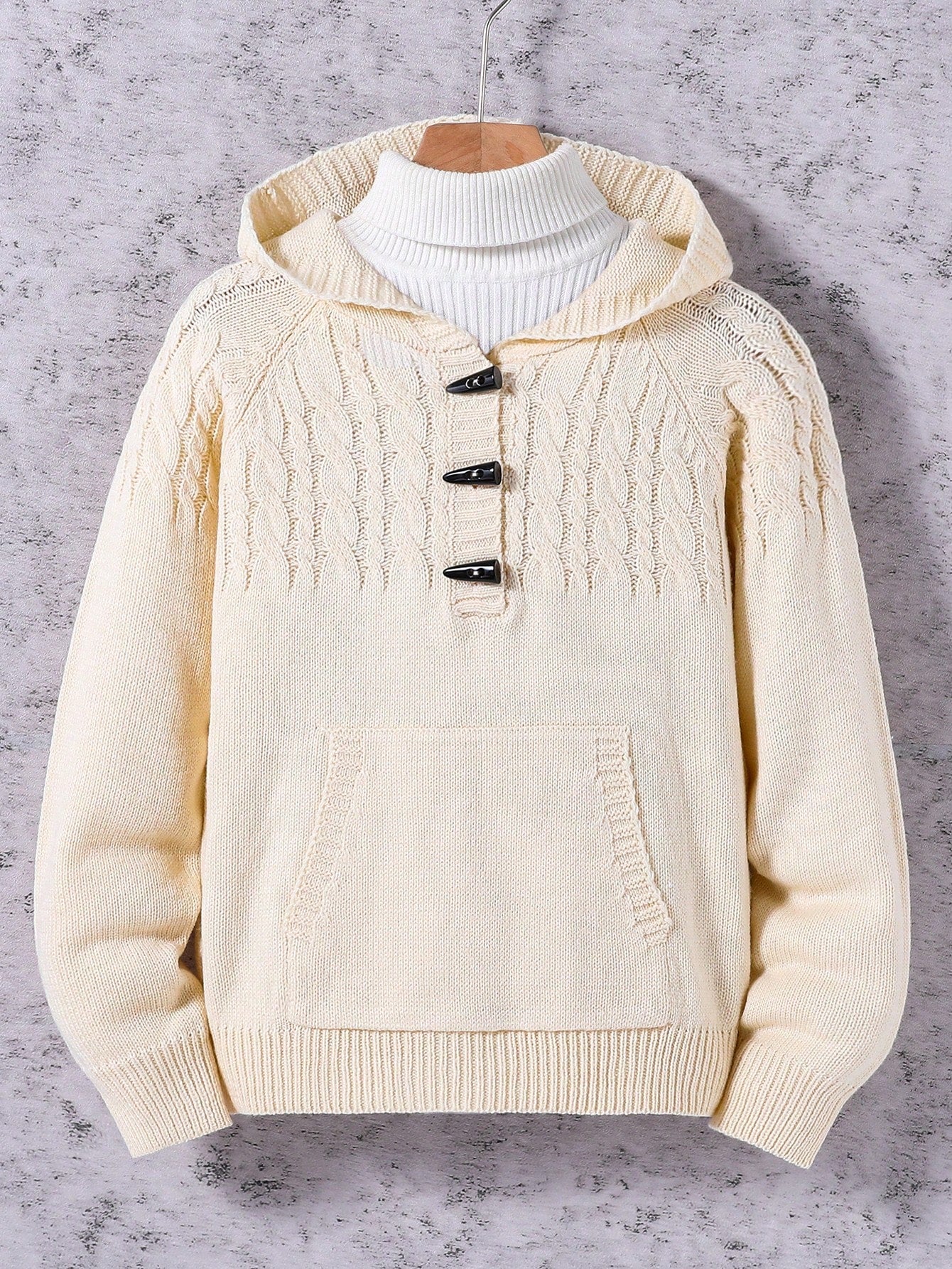 Vintage Cable Knit Horn Button Ribbed Hooded Sweater For Toddler Boys