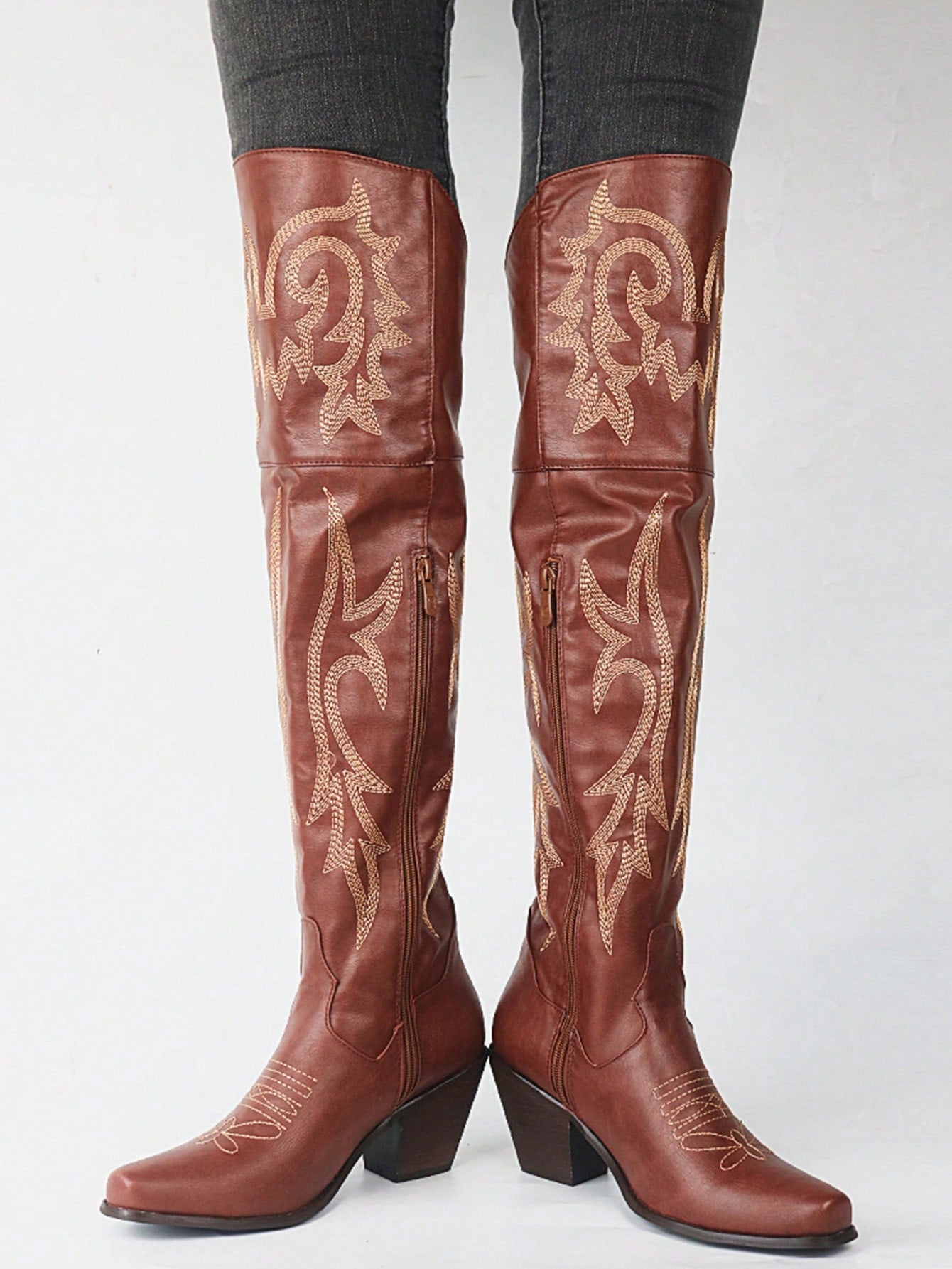Over The Knee Boots For Women Pointed Toe Chunky Cork Heel Knee High Boots Vintage Embroidery Cowgirl Over The Knee Boots