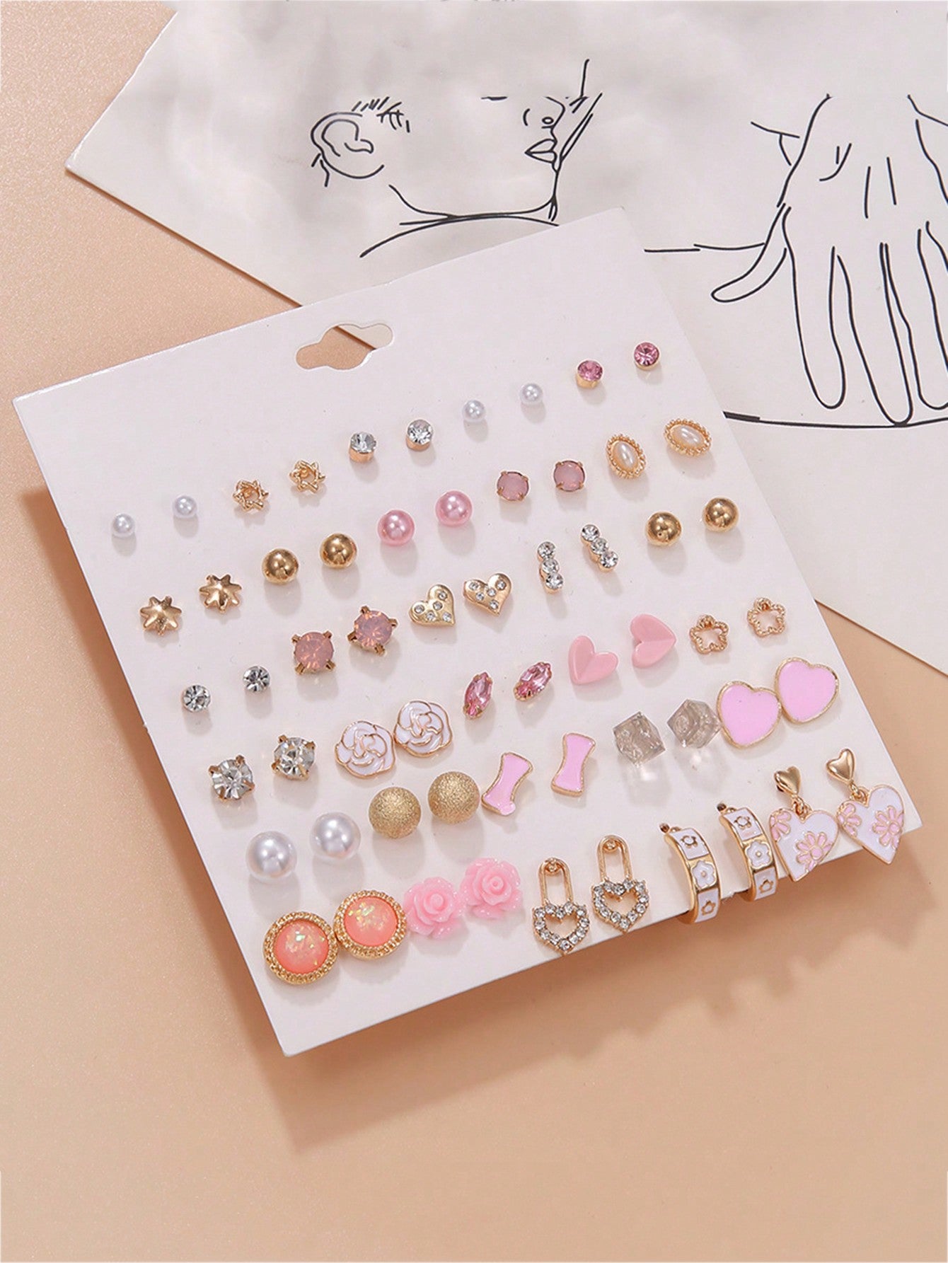 30pairs Fashion Pink Heart & Flower Stud Earrings Set