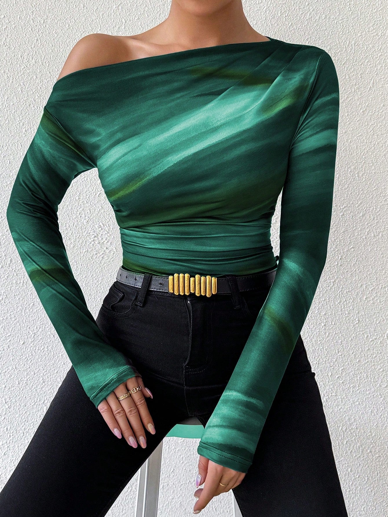 Raffinéa Marble Gradient Print Asymmetric Asymmetrical Neck Long Sleeve T-Shirt With Pleats