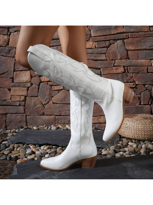 Women's Western Cowboy Boots With Embroidery Knee High Chunky Metallic Booties Block Heel Classic Cowgirl Boots Almond Shaped Pointed Toe Wide Calf Boots Pull On Fashion Design Ladies Party Fashion Outdoor Shoes Black White