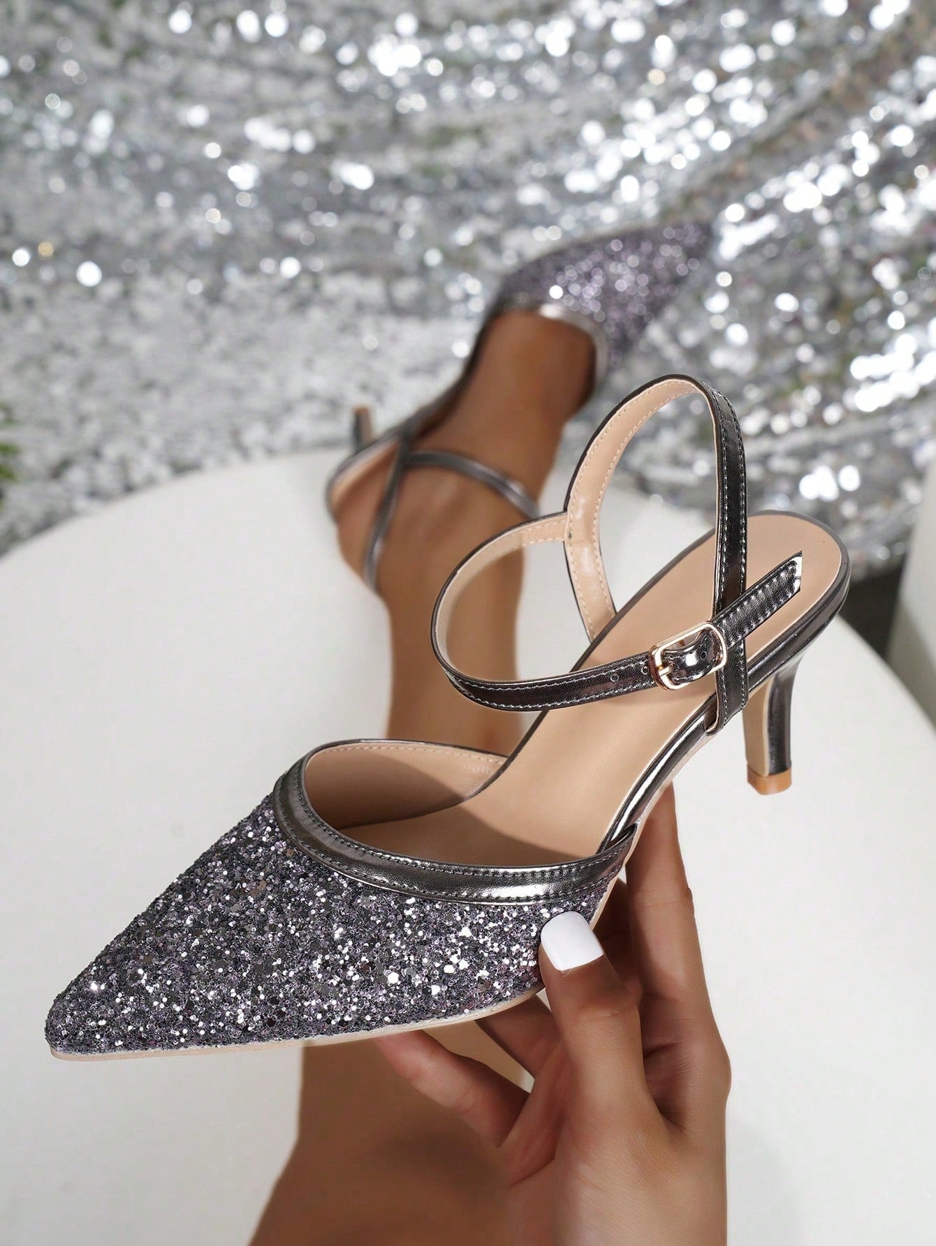 Glitter Closed Toe Sandals Women's Stiletto Heels Pointed-Toe Ladies' Dress Shoes