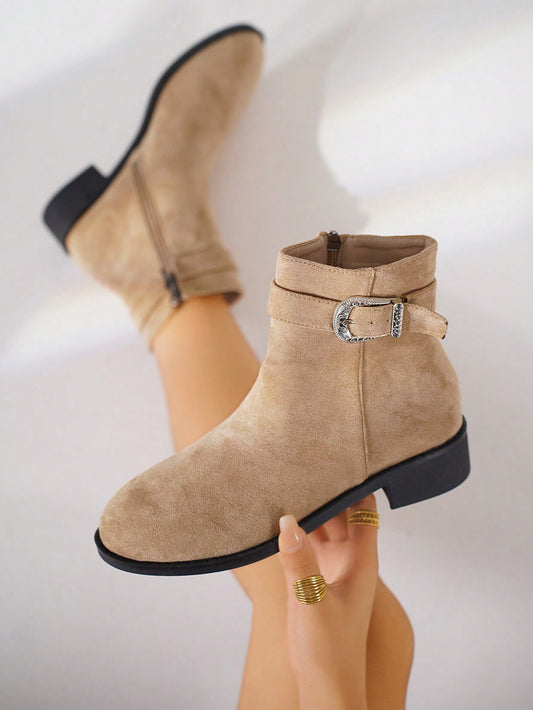 Women's Pointed Toe Metal Buckle Decor Faux Suede Ankle Boots, Fashion Short Boots